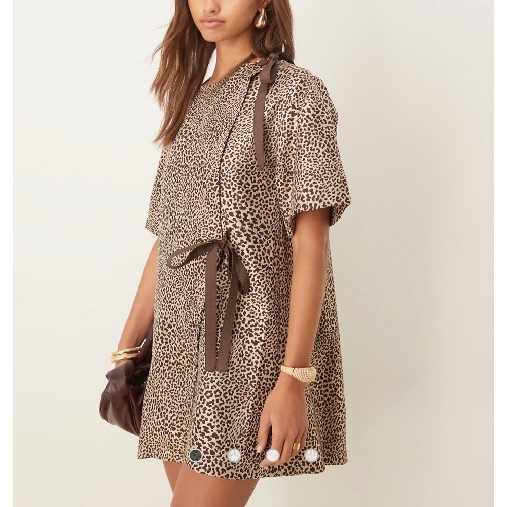 Ghospell Leopard Print Bow Detail Mini Dress M+ US8 Textured Animal Print DRG891